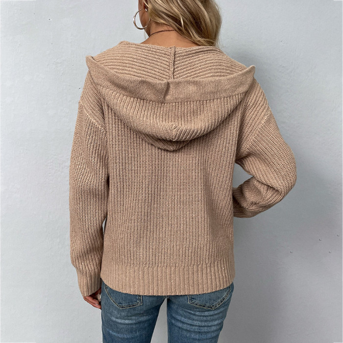Zipper V-neck Dropped Sleeve Hooded Solid Sweater