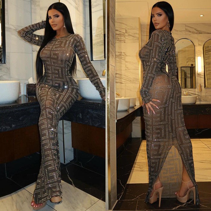 Fashion Sexy Mesh Beaded Long Sleeve Ladies Nightclub Dress