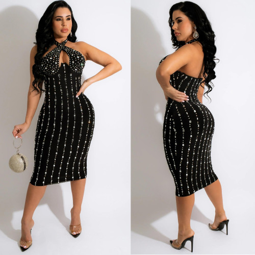 Women Summer Black Sexy Halter Sleeveless Diamonds Midi Straight Club Dress 