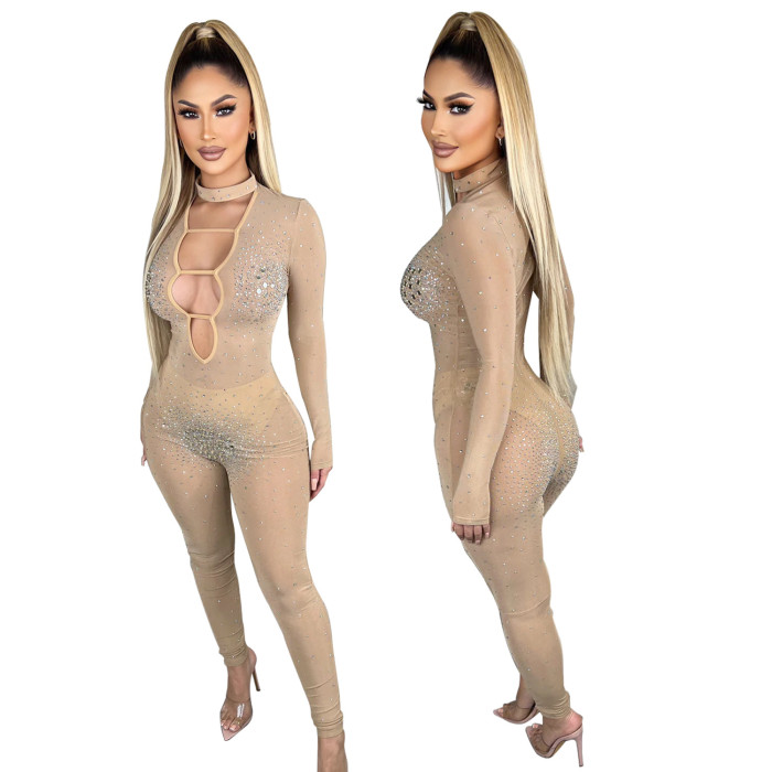 Mesh Rhinestone One-piece Nightclub Jumpsuit