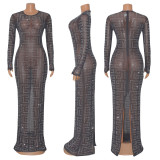 Fashion Sexy Mesh Beaded Long Sleeve Ladies Nightclub Dress