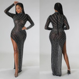Sexy Mesh Rhinestone Long Sleeve Irregular Dress