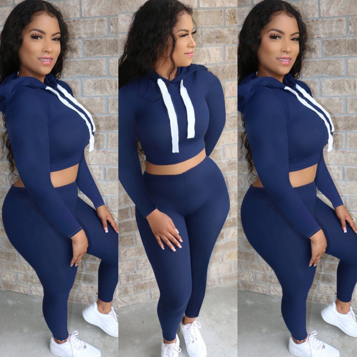 Women's Solid Long Sleeve Hooded High Stretch Force Ribbed Casual Suit 