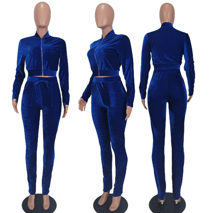 Fashion Casual Solid color Zip Long Sleeve Two Piece Tracksuit