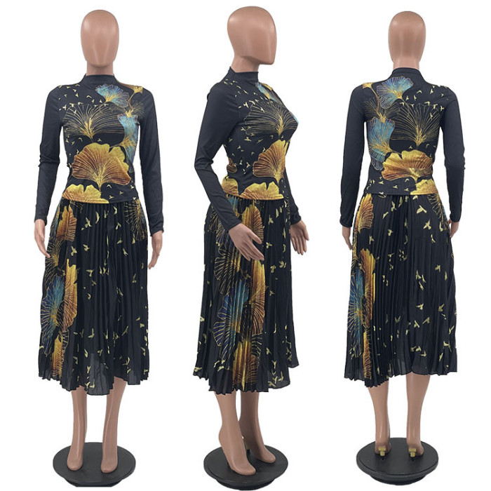 Fashion Fall/Winter Fashion Print Long Sleeve Pleated High Waist Two Piece Skirt Set
