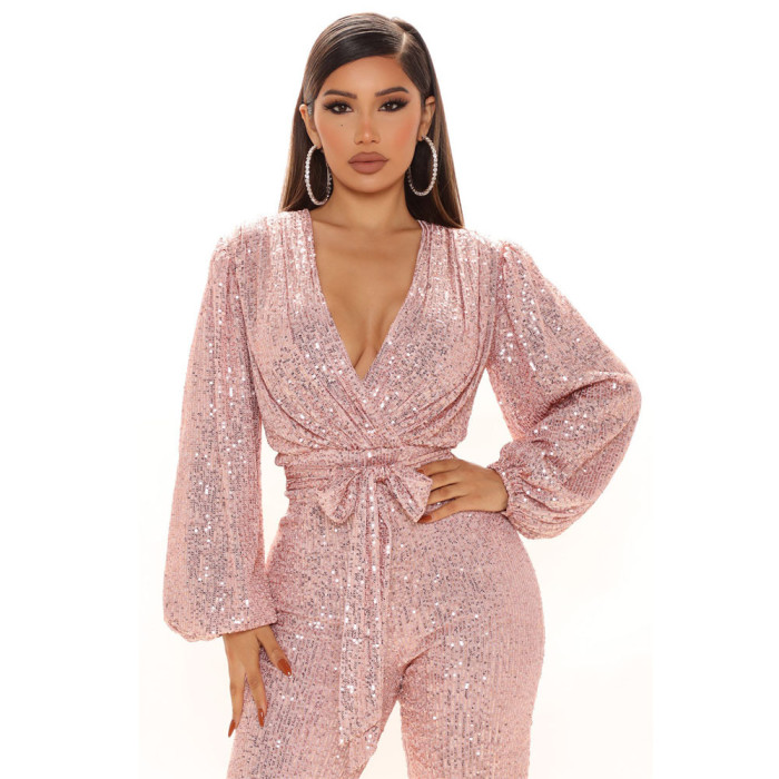 V-neck Sequin One-piece Wide Leg Jumpsuit