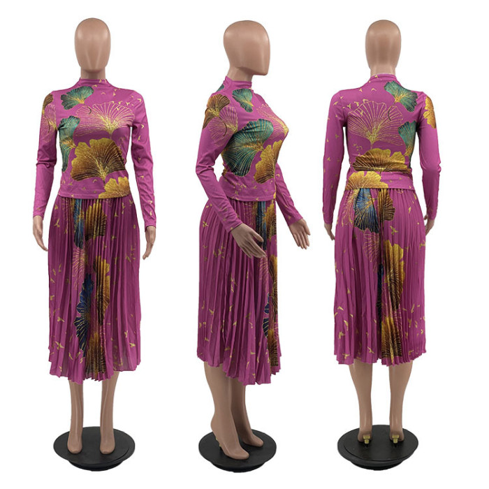 Fashion Fall/Winter Fashion Print Long Sleeve Pleated High Waist Two Piece Skirt Set