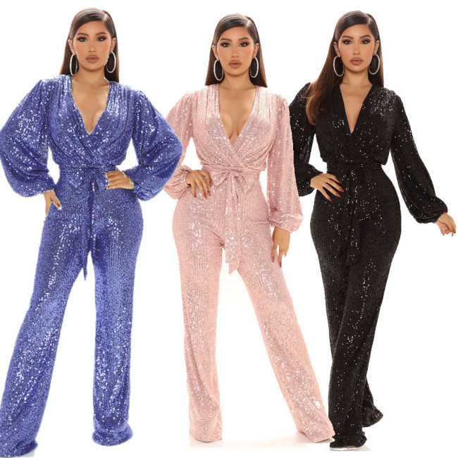 V-neck Sequin One-piece Wide Leg Jumpsuit