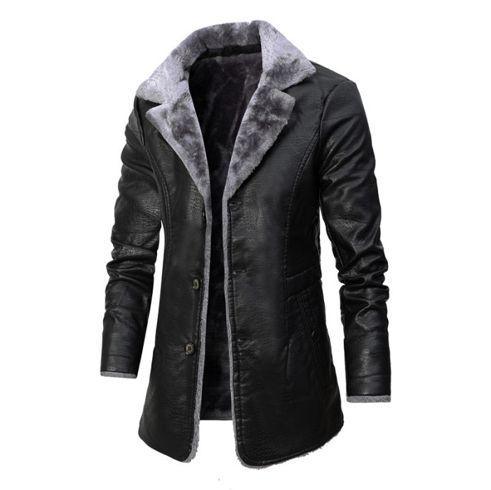 Men Long Solid Leather Jacket Military Style PU Leather Coat Winter Fleece Pockets Breasted Outwear Streetwear Mens Clothing