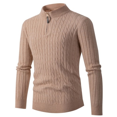 Men's Long Sleeved Twist Knitting Half High Collar Zipper Sweater