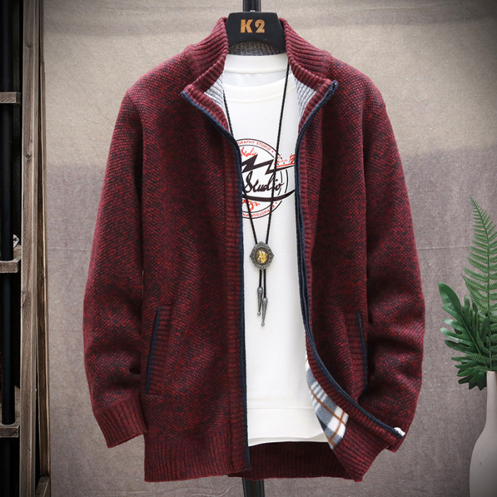 Men's Zipper Plush Sweater Stand Collar Knit Cardigan Jacket