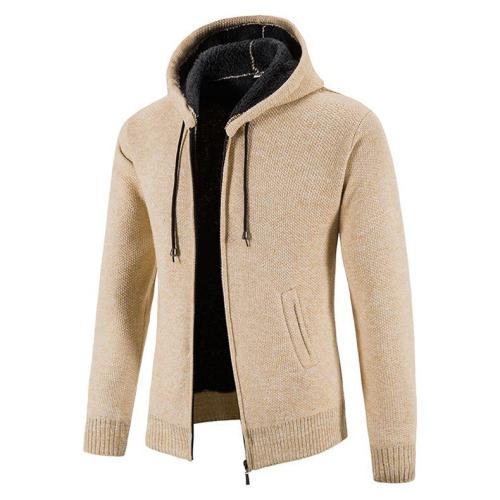 Men's Solid Color Zipper Plush thicken Casual Loose Hooded Sweater Coat