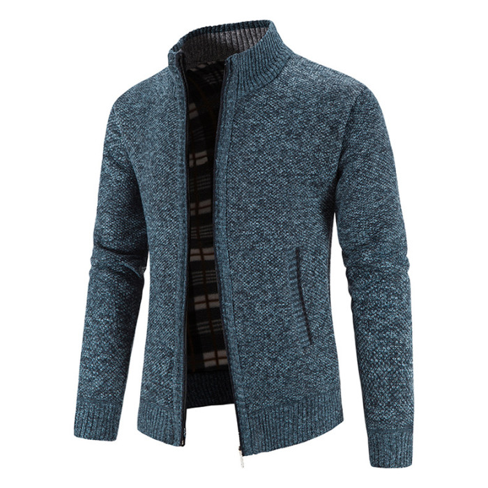 Men's Zipper Plush Sweater Stand Collar Knit Cardigan Jacket