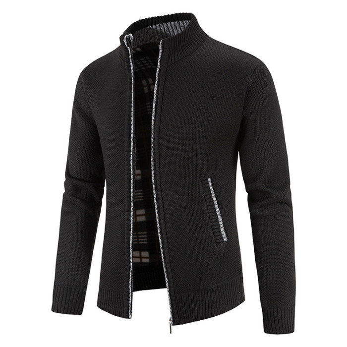 Men's Zipper Plush Sweater Stand Collar Knit Cardigan Jacket