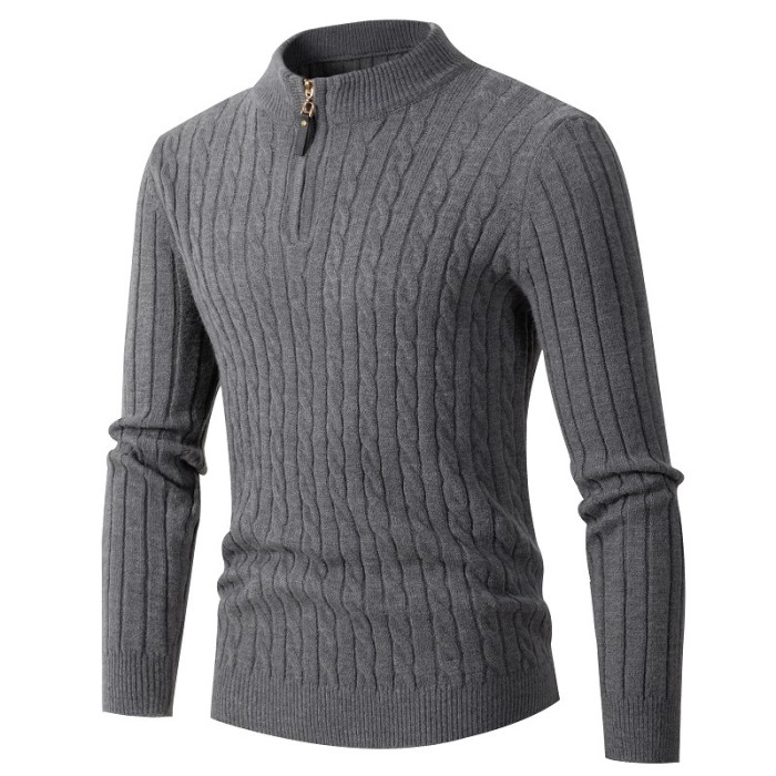 Men's Long Sleeved Twist Knitting Half High Collar Zipper Sweater