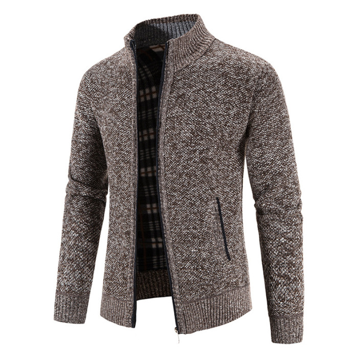 Men's Zipper Plush Sweater Stand Collar Knit Cardigan Jacket