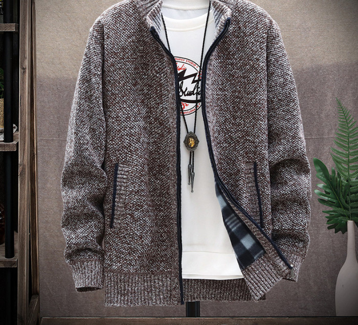 Men's Zipper Plush Sweater Stand Collar Knit Cardigan Jacket