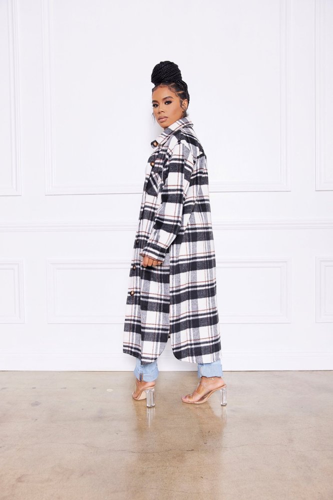 Winter Fashion Plaid Long Sleeve Button Open Long Coat