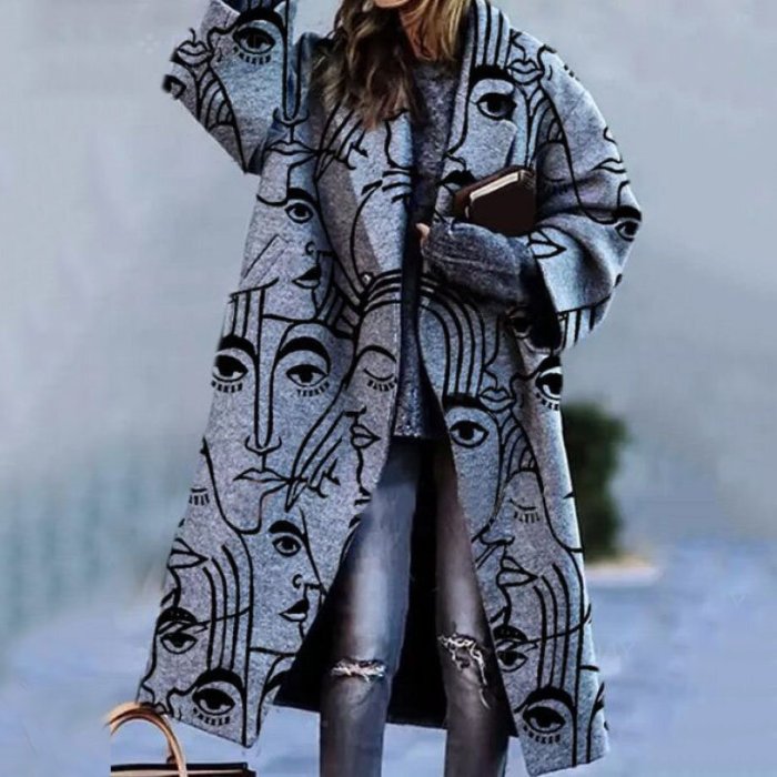 Women's Color Blocking Plaid Long Sleeve Lapel Coat Printed Woolen Coat