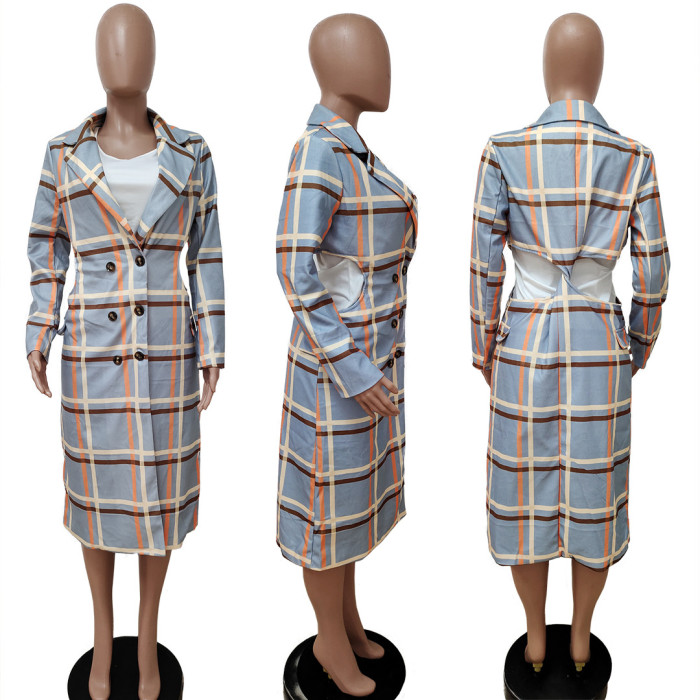 Plaid Print Turndown Collar Long Woolen Coat