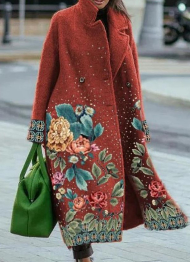 Women's Color Blocking Plaid Long Sleeve Lapel Coat Printed Woolen Coat