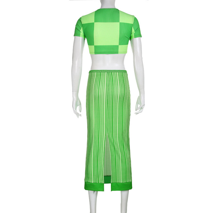 Thread Check Stripe Short Top Skirt Suit Two-piece Set