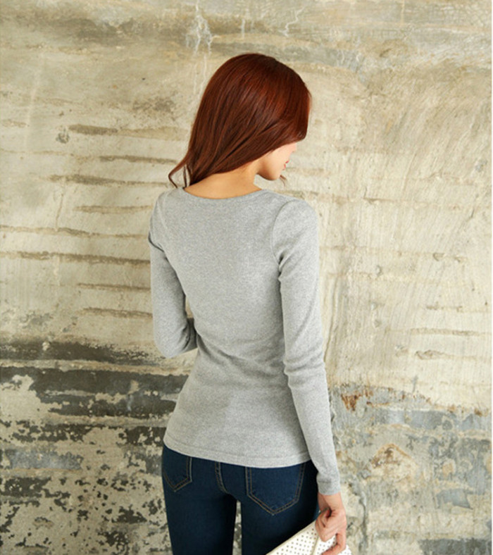 Button Thread Solid Color Long Sleeved T-shirt Slim Top Base