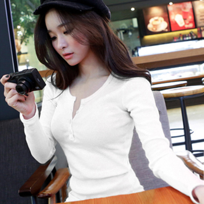 Button Thread Solid Color Long Sleeved T-shirt Slim Top Base