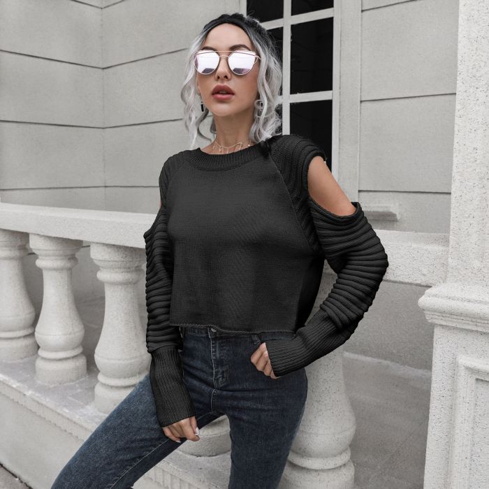 Women's Off Shoulder Loose Long Sleeve Knitted Short Sweater