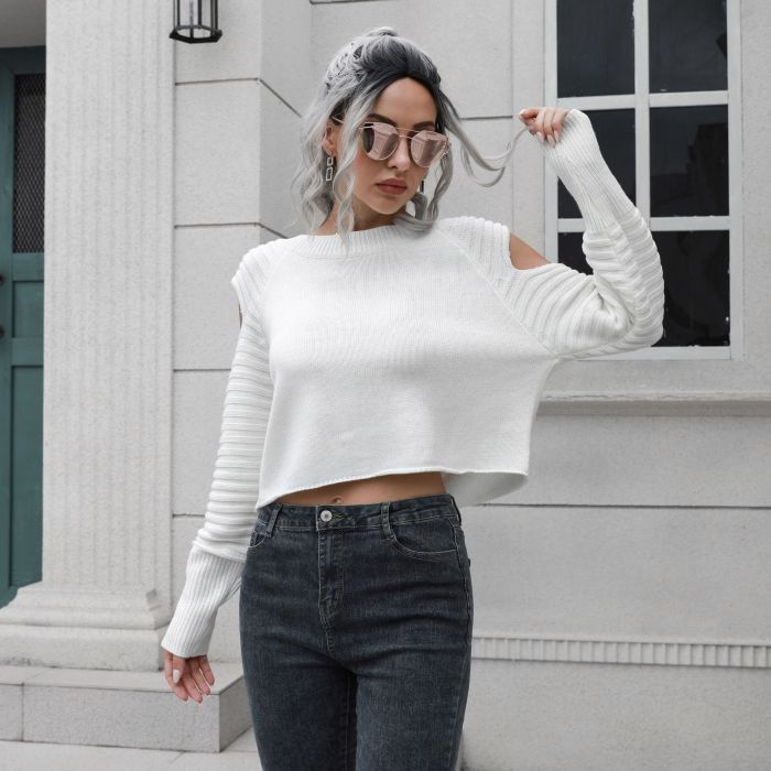 Women's Off Shoulder Loose Long Sleeve Knitted Short Sweater