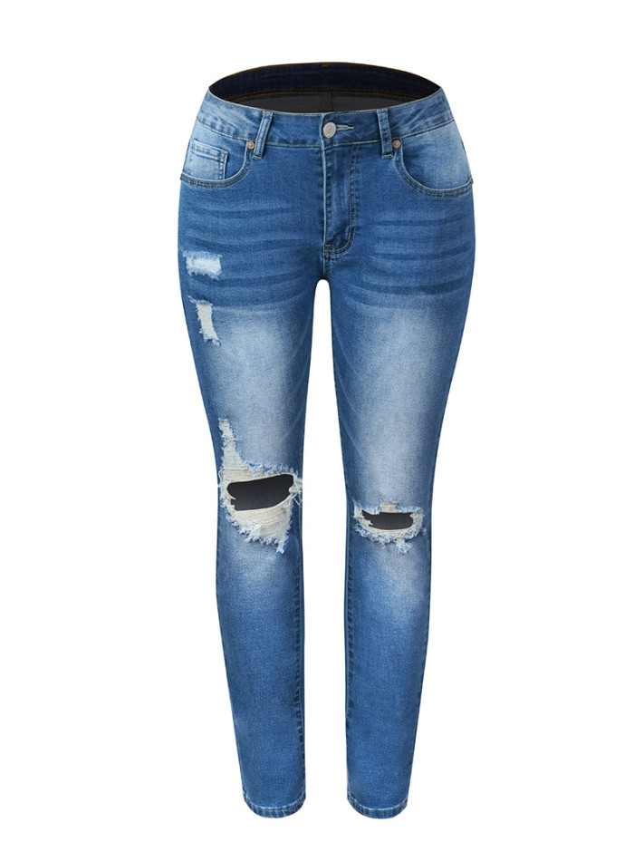 Blue Wash Ripped Skinny Elastic Jeans