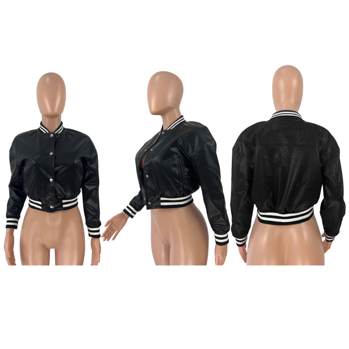 Women's Casual Ribbed Collar Pu-Leather Jacket