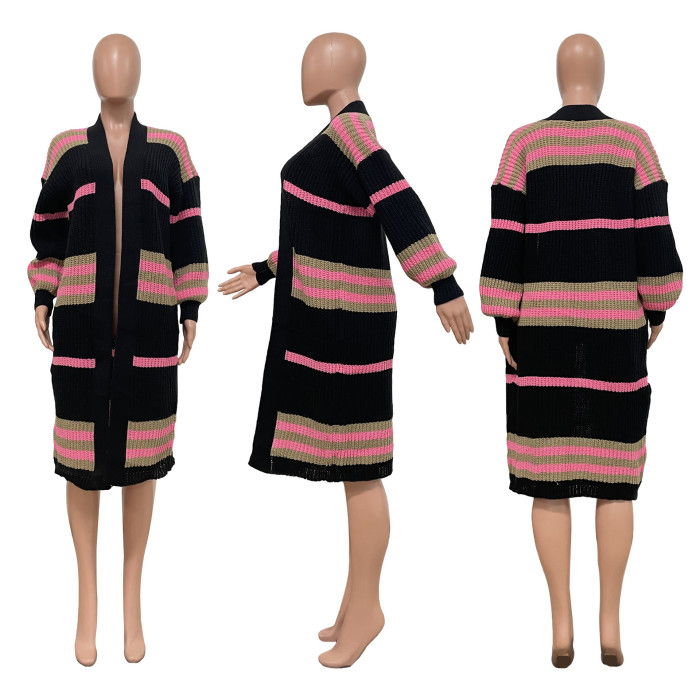 Long Knitted Striped Casual Cardigan Coat