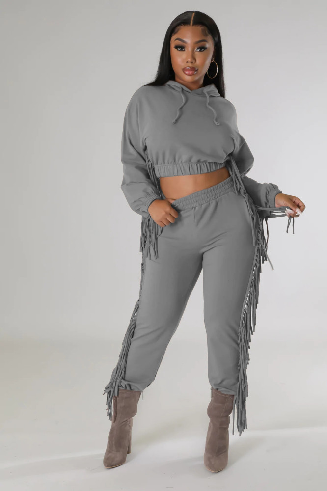Winter Crop Hoodies And Tassel Pant Two-Piece Outfit