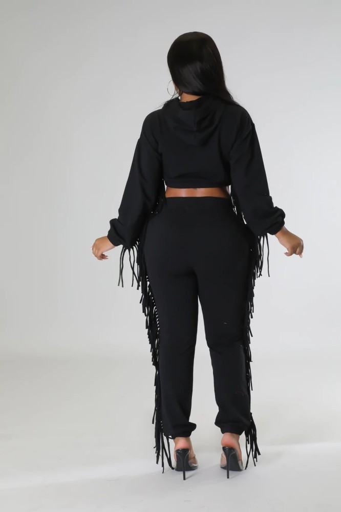 Winter Crop Hoodies And Tassel Pant Two-Piece Outfit