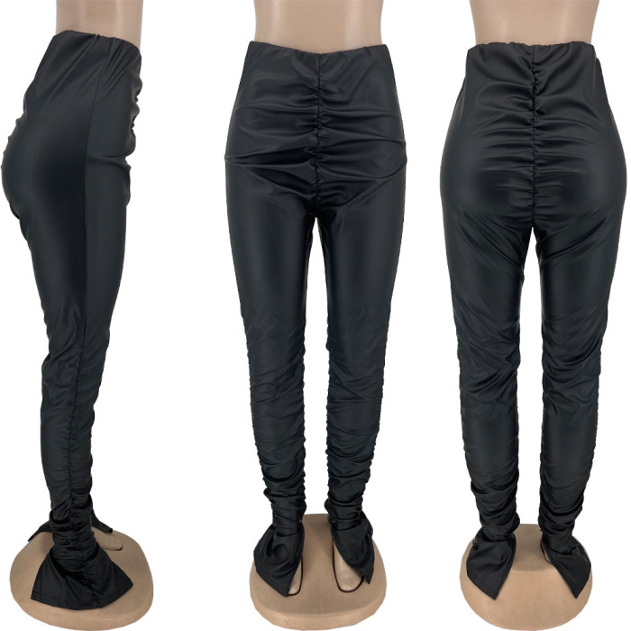 Women's pleated tight elastic PU Leather Casual Pants