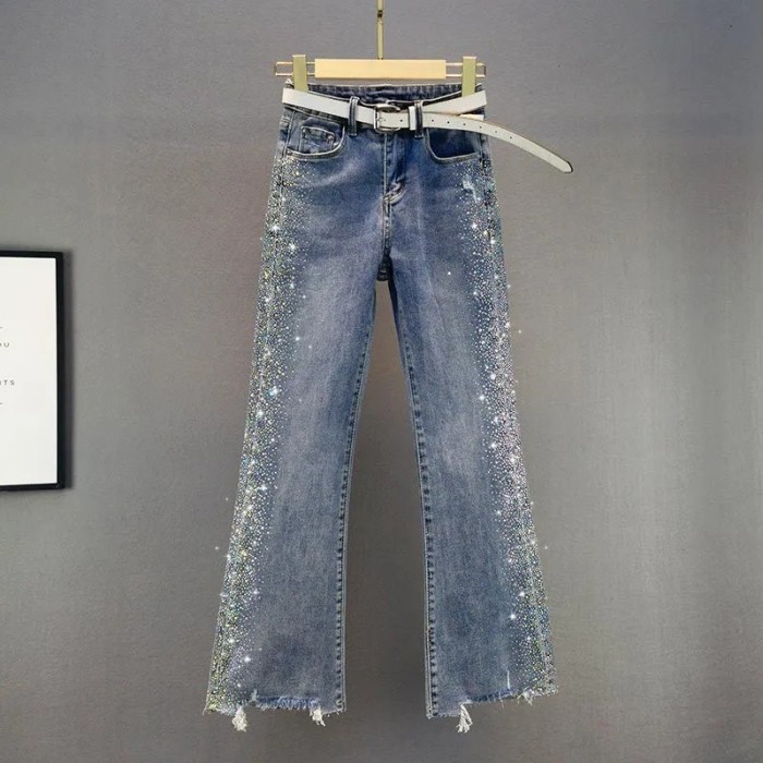 High Waist Elasticity Slim Rhinestone Flare Jeans