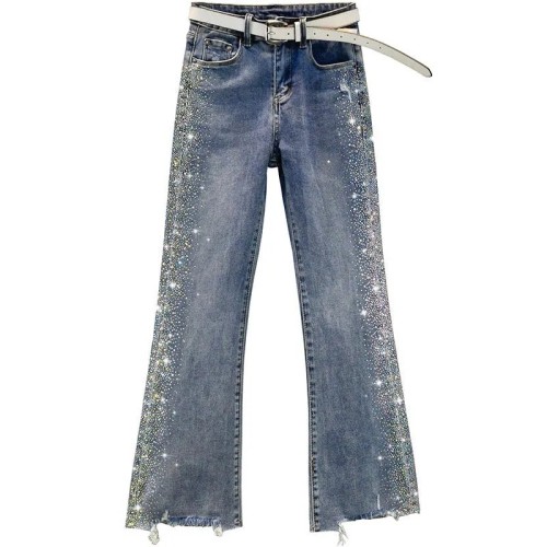 High Waist Elasticity Slim Rhinestone Flare Jeans