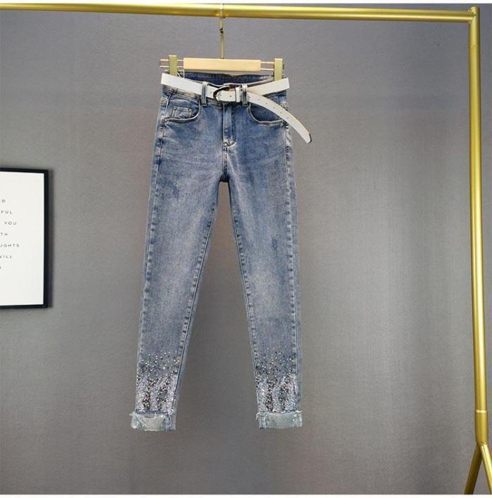 Elasticity Slim Rhinestone Rise Skinny Cropped Jeans