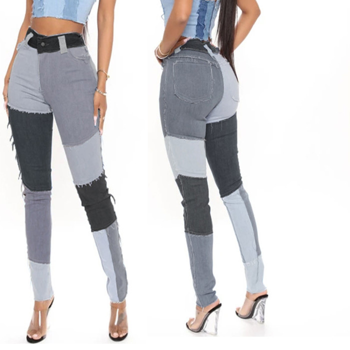 Color Block Patch Skinny High Waist Jeans