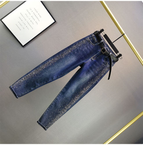 Cotton Elastic Women's High Waist Loose Rhinestone Harun Jeans