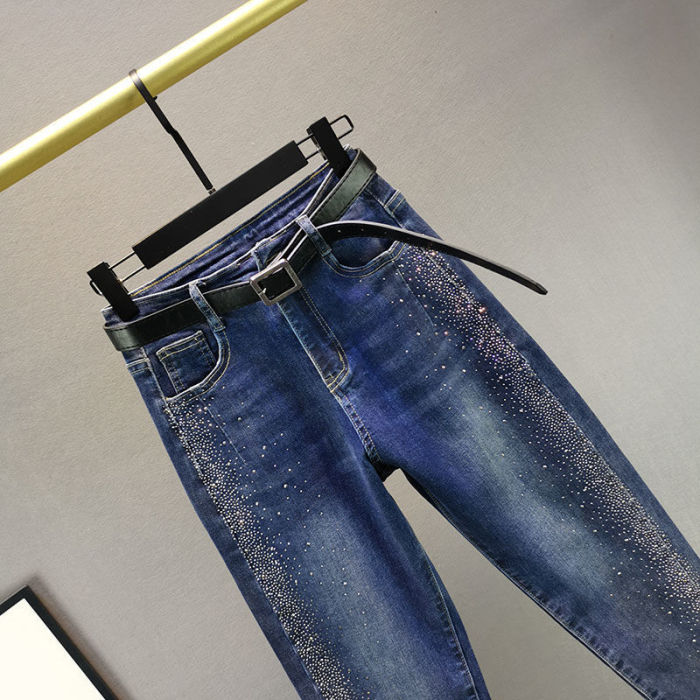 Cotton Elastic Women's High Waist Loose Rhinestone Harun Jeans