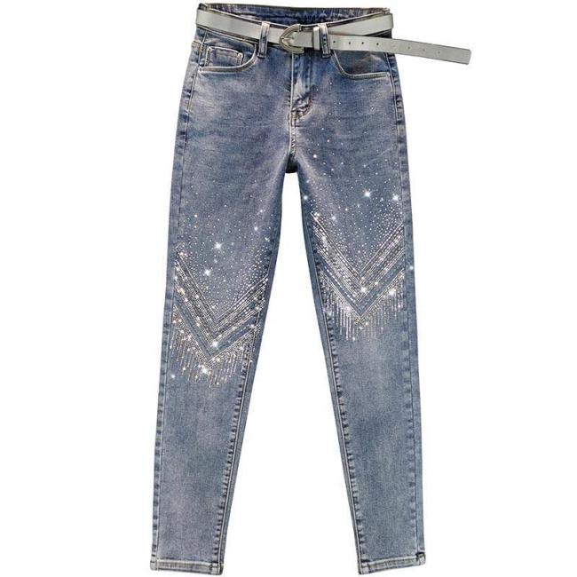 High Waist Elasticity Slim Rhinestone Rise Skinny Cropped Jeans
