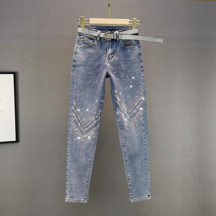 High Waist Elasticity Slim Rhinestone Rise Skinny Cropped Jeans