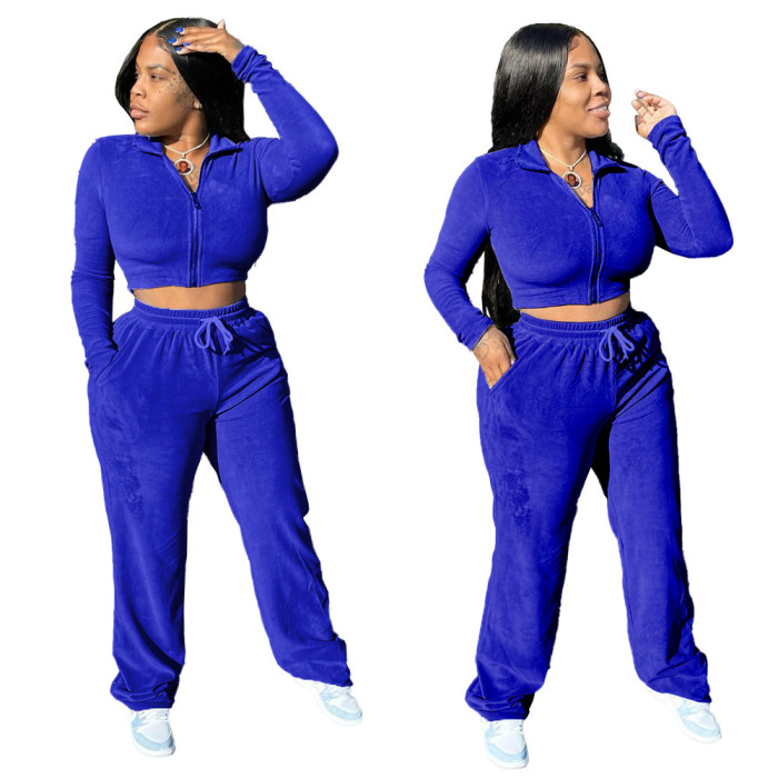 Velvet Crop Top And Flare Pant Tracksuit 