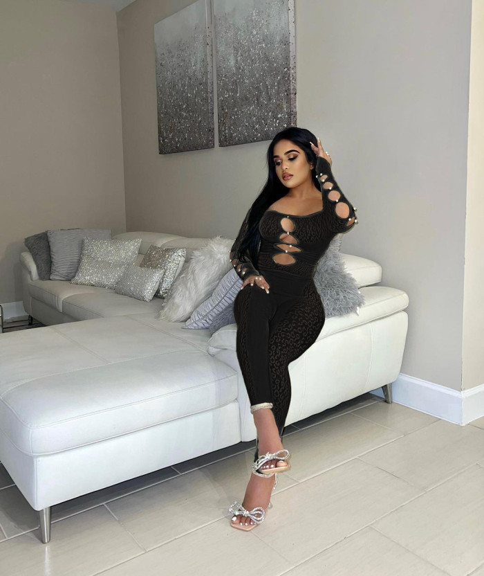 See-Through Leopard Hollowout Long Sleeve Off Shoulder Sexy Jumpsuit