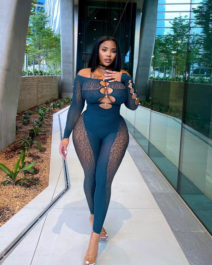 See-Through Leopard Hollowout Long Sleeve Off Shoulder Sexy Jumpsuit