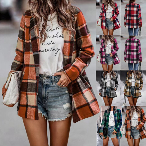 Loose Plaid Fleece Long Sleeve Pocket Jacket