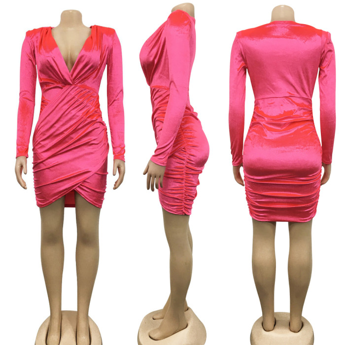 V-neck Shoulder Pad Long Sleeve Velvet Mini Dress