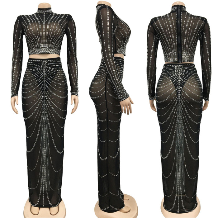 Fashion Mesh Beaded See-Through Long Sleeve Long Dress Two Piece